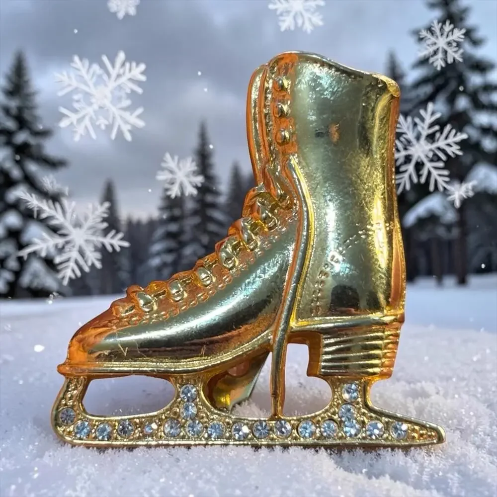 Gold Ice Skate Rhinestone Brooch Winter Olympics Holiday Vintage Pin